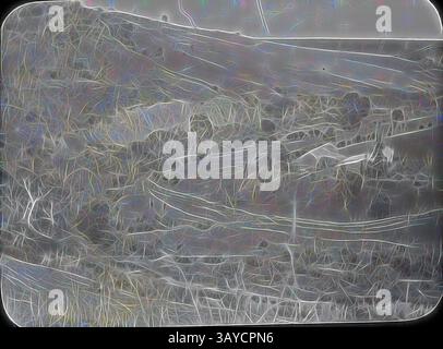 Un paysage texturé avec des collines ondoyantes et des lignes sinueuses, créant une représentation abstraite d'une vue panoramique. Les courbes douces et les motifs complexes évoquent un sentiment de profondeur et de mouvement dans le terrain naturel., Lantern Slide - Werribee River, Victoria, date inconnue, image en noir et blanc d'une ferme établie sur le virage de la vallée créée par Werribee River, photographiée par A.J. Campbell., Art classique avec une touche moderne réinventée par Artotop Banque D'Images