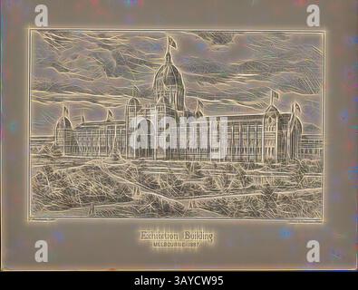 Un croquis détaillé du bâtiment d'exposition, mettant en valeur sa grande architecture avec des tours élaborées et des fenêtres cintrées, sur un fond stylisé qui renforce son importance historique. La date '1887' est bien visible en bas., lithographie - Clarence Woodhouse, 'Exhibition Building, Melbourne 1887', imprimé par Hamel & Ferguson, 1887, illustration lithographique non encadrée du (Royal) Exhibition Building par Clarence Woodhouse, 1887. L'image est tirée du sud-est de Carlton Gardens, offre donc une vue sur le lac, la fontaine Hochgurtel et la disposition du chemin axial. Le Banque D'Images