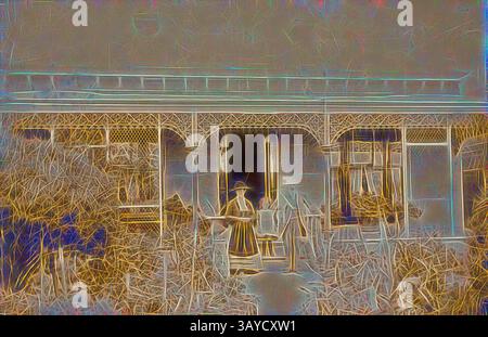 Une figure se dresse devant un porche pittoresque et complexe, entouré d'une végétation luxuriante. L'architecture présente des détails ornés, ajoutant au charme du cadre. L'atmosphère évoque un sentiment de nostalgie et de tranquillité, reflétant une époque révolue., photographie numérique - homme, femme, enfant et chien dans le jardin avant de la maison familiale, Auburn, 1894, photographie de James Phillips et sa femme Mary avec leur petite fille Amelia et le chien de la famille devant leur maison familiale à Victoria Road Auburn., art classique avec une touche moderne réinventée par Artotop Banque D'Images