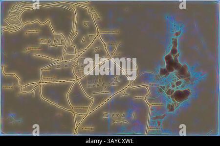 Une carte stylisée présente diverses zones délimitées par des lignes lumineuses et lumineuses, avec une représentation abstraite d'un plan d'eau ou d'une autre caractéristique géographique sur un côté. Les chemins et les zones complexes créent un tracé dynamique et artistique, mettant l'accent sur un sens de l'exploration et de la découverte., carte - Allemagne, zones d'occupation 1 à 4, première Guerre mondiale, vers 1919, alternative nom(s) : Rhénanie carte d'occupation carte de la Rhénanie occupée en Allemagne après la première Guerre mondiale, montrant les zones 1 à 4 occupées par la France, la Belgique et les forces américaines. Selon Joachim SchrÃ¶der et Alexander Watson, le cessez-le-feu Banque D'Images