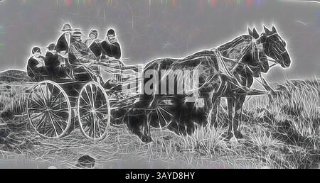 Un groupe d'individus s'assoit dans une charrette tirée par des chevaux, avec une paire de chevaux attelés devant. La scène capture un moment de la vie rurale, soulignant le lien entre les gens et leurs animaux de travail dans un contexte de champs ouverts., négatif - People in Horse & Brougham, Portland, Victoria, janvier 1928, People in Horse and brougham., Art classique avec une touche moderne réinventé par Artotop Banque D'Images