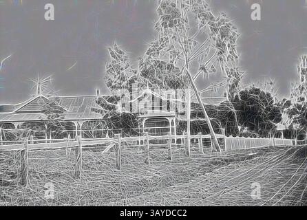 Une scène de campagne sereine avec une structure altérée entourée de grands arbres, avec un paysage en pente douce et une clôture rustique créant une atmosphère tranquille., négatif - Homestead & Grounds sur 'Kooyong' Station, Nouvelle-Galles du Sud, avant 1917, la propriété et le terrain sur 'Kooyong' station., Art classique avec une touche moderne réinventé par Artotop Banque D'Images