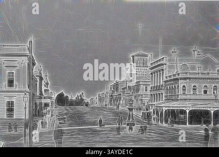 Une scène de rue historique présente une architecture vintage avec des détails complexes, mettant en valeur des bâtiments comme un hôtel et des boutiques. Un sentiment de nostalgie est évoqué par l'ambiance, avec des personnages se promenant paisiblement le long de la rue déserte., négatif - Lydiard Street, Ballarat, Victoria, vers 1880, Lydiard Street, Ballarat avec Craig's Royal Hotel et The Club Hotel en arrière-plan et Union Bank of Australia sur la gauche. Il y a une bijouterie sur la droite et une lampe à gaz au milieu de l'intersection., art classique avec une touche moderne réinventée par Artotop Banque D'Images