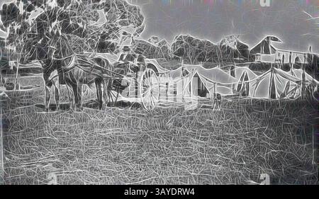 Un cheval se tient à côté d'une charrette, avec une toile de fond de tentes et d'arbres, capturant une scène rustique de la vie en plein air et de la préparation. Le décor évoque un sentiment de nostalgie, rappelant des temps plus simples., négatif - Nouvelle-Galles du Sud, vers 1925, tondeurs dans un concert de deux chevaux quittant un camp de tente., Art classique avec une touche moderne réinventé par Artotop Banque D'Images