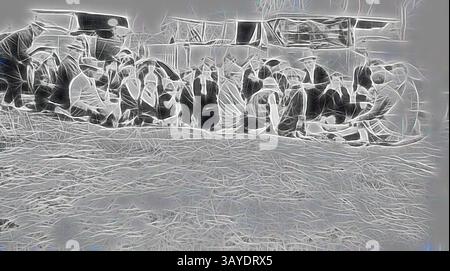 Un groupe de personnes assis étroitement, engagés dans une activité communautaire, avec une atmosphère de concentration et d'interaction entre eux. Le cadre est informel, probablement à l'extérieur, avec un sol texturé et quelques structures visibles en arrière-plan., négatif - John John John, Victoria, 1927, Un groupe de personnes pique-niquant. Il y a trois voitures garées derrière le groupe., Art classique avec une touche moderne réinventée par Artotop Banque D'Images