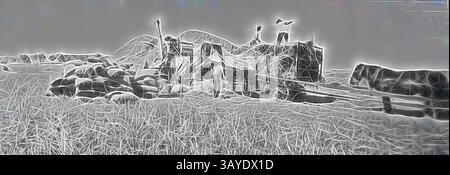 Un paysage avec un littoral accidenté avec une structure altérée, entouré de hautes herbes et de collines lointaines, créant un sentiment d'isolement et de tranquillité. Drapeaux flottant au sommet de la structure, faisant allusion à une connexion maritime., négatif - Nouvelle-Galles du Sud, circa 1920, Une batteuse de cas en opération., Art classique avec une touche moderne réinventée par Artotop Banque D'Images