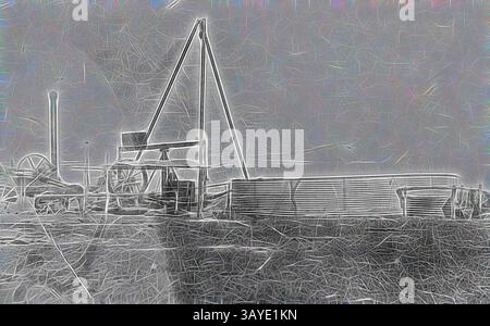 Une scène industrielle avec une grande structure avec une grue imposante, entourée de matériaux empilés et de machines, suggérant une zone de construction ou de fabrication lourde., négatif - Queensland, 1912, alésage artésien No.6 sur la station "Avon Downs". L'alésage est alimenté par un moteur à vapeur. Il y a un grand réservoir d'eau à droite de la machine à vapeur., Art classique avec une touche moderne réinventée par Artotop Banque D'Images