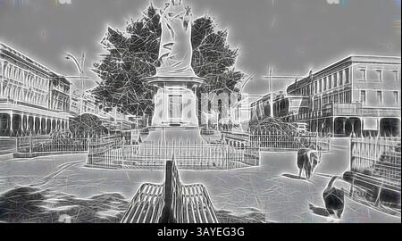 Une place sereine avec une statue proéminente en son centre, entourée d'arbres luxuriants et de bâtiments architecturaux. Bancs invitent les passants à s'asseoir et profiter de l'atmosphère tranquille de l'espace public., négatif - Ballarat, Victoria, circa 1925, Une statue, sièges et jardins à Sturt Street, Ballarat. La statue semble être un mémorial à la reine Victoria., art classique avec une touche moderne réinventée par Artotop Banque D'Images