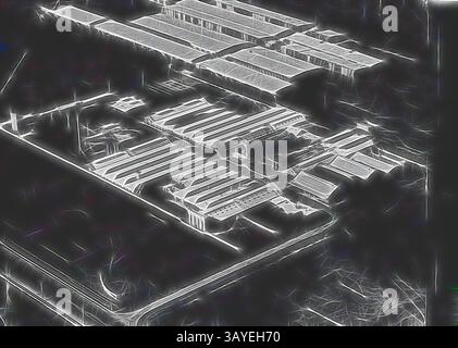 Une vue aérienne met en valeur un grand complexe industriel avec de multiples bâtiments et structures disposés en rangées ordonnées, entourés d'une vaste zone de terrain. La conception met en évidence la disposition organisée des installations, faisant allusion à un centre d'activité animé., négatif - Geelong ( ?), Victoria ( ?), pre 1940, vue aérienne de vastes bâtiments galvanisés d'un seul étage, peut-être une usine, probablement International Harvester., Art classique avec une touche moderne réinventée par Artotop Banque D'Images