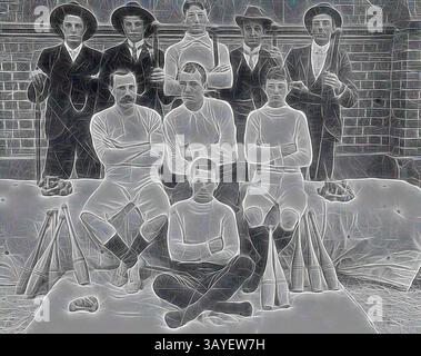Un groupe d'hommes vintage pose pour une photo d'équipe, portant un équipement de sport et une tenue habillée. Ils font preuve d'une fière camaraderie, certains se tenant avec confiance derrière des membres assis. L'équipement comme les battes et les balles de baseball se trouve au premier plan, faisant allusion à leurs efforts sportifs. La toile de fond suggère un cadre extérieur ou communautaire, ajoutant à l'atmosphère nostalgique., négatif - équipe de gymnastique masculine presbytérienne, Casterton, Victoria, 1895, Membres de l'équipe de gymnastique masculine presbytérienne. Il y a diverses pièces d'équipement de gymnastique affichées avec eux., art classique avec une touche moderne Banque D'Images