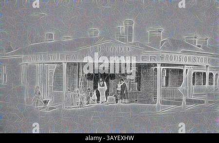 Une épicerie pittoresque à l'ancienne avec un porche accueillant, avec un panneau qui indique « Family Grocers ». La façade est ornée de briques et a plusieurs cheminées, ajoutant du charme à son aspect nostalgique. Deux individus se tiennent devant, contribuant à l'atmosphère chaleureuse du magasin., négatif - Hotham (North Melbourne), Victoria, 1874-1878, négatif de la boutique de J.F. Todd, épicier., art classique avec une touche moderne réinventée par Artotop Banque D'Images