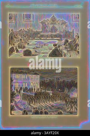 Une scène historique représentant un rassemblement formel, avec une architecture ornée et des individus élégamment habillés, contrastant avec une procession militaire à l'extérieur d'un grand bâtiment, mettant en valeur un mélange de cérémonie et de tradition., coupure de journal - 'Meeting of the Melbourne Exhibition Commission', The Australasian Sketcher, Melbourne, 10 avril 1880, deux pages (p. 39-40) de The Australasian Sketcher, samedi 10 avril 1880, publié par Wilson & McKinnon, Melbourne. La deuxième page se compose de deux demi-pages, illustrations en noir et blanc. L'image du haut représente une réunion de l'exposition de Melbourne Banque D'Images