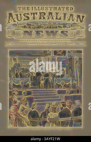 Représentation stylisée d'une couverture de magazine historique avec un titre orné, entouré d'un dessin au trait complexe représentant un rassemblement de personnes, probablement dans un cadre social ou artistique. La scène dégage un sentiment de nostalgie et d'importance culturelle., extrait de journal - 'The Opening Ceremony', The Illustrated Australian News, Melbourne, 9 octobre 1880, gravure sur bloc de bois coloré à la main tirée de la première page de l'Illustrated Australian News Special Exhibition Number, n° 294, Melbourne, samedi 9 octobre, 1880, pp. 177-78, publié par Ebenezer & David Syme, Melbourne. Le générique est Banque D'Images