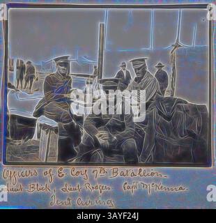 Un groupe d'officiers militaires se sont rassemblés dans une tente, se sont engagés dans des conversations et des activités. Leurs uniformes formels et leurs chapeaux suggèrent un contexte historique, tandis que le décor illustre un moment de camaraderie parmi eux., photographie - 'officiers of E. Corp 7th Battalion', Egypt, Captain Edward Albert McKenna, première Guerre mondiale, 1914-1915, l'une des 139 photographies d'un album de la première Guerre mondiale qui aurait probablement été prise par le capitaine Edward Albert McKenna. Les photographies incluent l'entraînement du 7e bataillon au camp de Mena, en Égypte, et des visites touristiques. Image représentant le lieutenant Blick, le lieutenant Rogers et le capitaine Banque D'Images