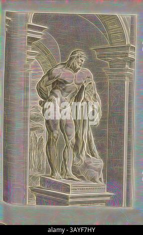 Une silhouette musclée se tient élégamment, drapée dans un tissu fluide, exsudant un sentiment de force et de grâce. Les éléments architecturaux environnants complètent la grandeur de la statue, créant une atmosphère intemporelle et classique., Hercules Farnesianus, Statue d'Héraclès, signé : F. Perier del, C. Bloemaert Sculp, Fig. 6, p. 29, Perrier, François (del.) ; Bloemaert, Cornelis (SC.), 1646, Giovanni Battista Ferrari : Hesperides sive de malorum aureorum cultura et usu libri quatuor. Romae : Sumptibus Hermanni Scheus, 1646, Art classique avec une touche moderne réinventé par Artotop Banque D'Images