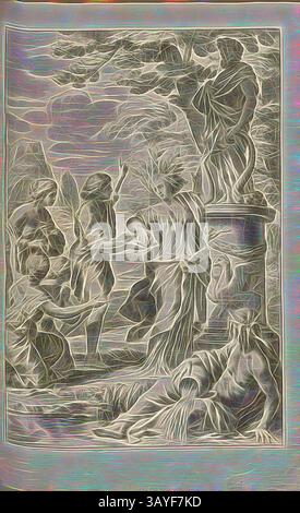 Un groupe de personnages interagit dans un cadre extérieur serein, avec une figure élégamment drapée, faisant des gestes vers les autres. Une figure s'incline à proximité, tandis qu'une statue d'une figure drapée se dresse en évidence, entourée d'arbres. La scène transmet un sentiment de contemplation et de connexion., métamorphose de Tirsenia, transformation de Tirsenia en arbre Hespérien, signé : F. Romanell del, C. Bloemaert sculp, Fig. 52, p. 275, Romanelli, Francesco (del.) ; Bloemaert, Cornelis (SC.), 1646, Giovanni Battista Ferrari : Hesperides sive de malorum aureorum cultura et usu libri quatuor. Romae : Sumptibus Hermanni Banque D'Images
