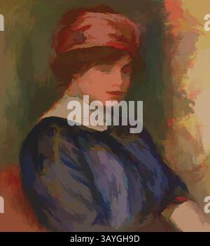 Une jeune femme regarde doucement, portant un vêtement bleu vif et un foulard élégant, son expression apaisée et introspective sur un fond chaud et abstrait. Pierre-Auguste Renoir : jeune femme en bleu, buste (jeune femme en corsage bleu, buste), Pierre-Auguste Renoir, 1911, huile sur toile, total : 19 9/16 x 17 3/4 po (49,7 x 45,1 cm) Art classique avec une touche moderne réinventée par Artotop Banque D'Images