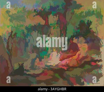 Un rassemblement serein dans un paysage luxuriant et vibrant, avec des figures au milieu des arbres et des couleurs douces et abstraites. La scène évoque un sentiment de calme et de connexion avec la nature. Pierre-Auguste Renoir : Picnic (le déjeuner sur l'herbe), Pierre-Auguste Renoir, v. 1893, huile sur toile, total : 21 1/4 x 25 11/16 po. (54 x 65,3 cm) Art classique avec une touche moderne réinventée par Artotop Banque D'Images