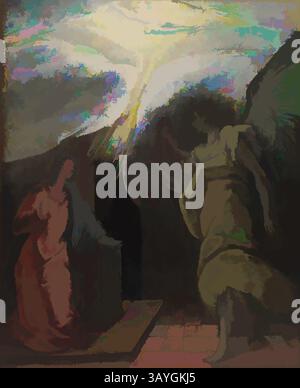 Une scène éthérée capture une figure dans des robes coulantes faisant des gestes vers une lumière rayonnante, tandis qu'une autre figure, drapée dans un vêtement doux, se tient en admiration. L'interaction dramatique de la lumière et de l'ombre crée un moment puissant d'interaction divine. El Greco (Domenikos Theotokopoulos) : Annonciation, El Greco (Domenikos Theotokopoulos), peut-être XVIIe siècle, huile sur toile, cette peinture représente l'Annonciation, sujet populaire pour les artistes de la Renaissance, lorsque la Vierge Marie apprend qu'elle donnera naissance à Jésus. Tenant un livre, la Vierge s'agenouille près d'un prie dieux, ou bureau de prière ; elle est prise dans un Banque D'Images