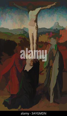 Une scène dramatique représentant la crucifixion, avec Christ sur la croix avec deux personnages en deuil à proximité. Le paysage en arrière-plan fait allusion à une atmosphère sombre, soulignant le poids émotionnel du moment. Gérard David : crucifixion avec la Vierge, Saint Jean et la Madeleine, Gérard David, c. 1485, huile sur panneau, total : 25 7/8 x 16 5/8 po. (65,7 x 42,2 cm) Art classique avec une touche moderne réinventée par Artotop Banque D'Images