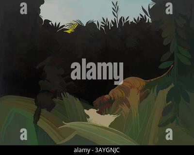 Dans une jungle dense, une grande créature se cache parmi le feuillage, avec des notes de vert vif et de lumière douce filtrant à travers les arbres, créant une atmosphère de mystère et d'intrigue. Henri Rousseau : éclaireurs attaqués par un tigre, Henri Rousseau, 1904, huile sur toile, l'autodidacte Henri Rousseau a créé ses immenses scènes de jungle en étudiant les plantes et les animaux de taxidermie des musées d'histoire naturelle de Paris. Peintes au plus fort de la période coloniale, ces œuvres étaient populaires auprès du public parisien pour leur présentation théâtrale de la lointaine France Banque D'Images