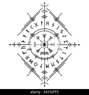 La boussole magique Vegvisir, ancien alphabet runique viking, utilisait de nombreux symboles conformément à la mythologie nordique, largement utilisée dans la société viking Illustration de Vecteur
