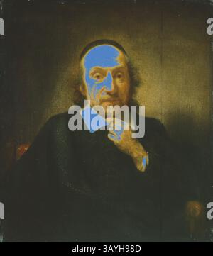 Un personnage contemplatif, vêtu de vêtements sombres avec un col blanc, regarde avec soin tout en posant sa main sous son menton, sur un fond légèrement éclairé qui met en valeur ses traits. Portrait d'un homme, 1650/60, attribué à Nicolaes Maes, néerlandais, 1634-1693, Hollande, huile sur panneau, 30,5 x 26,5 cm (12 x 10 1/2 po) Art classique avec une touche moderne réinventé par Artotop Banque D'Images