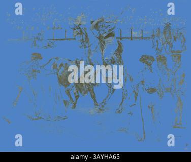 Une scène dramatique montre un torerolier engagé dans une lutte acharnée avec un taureau, mettant en valeur la tension et l'habileté inhérentes à la tauromachie traditionnelle. Les spectateurs regardent attentivement de l'arrière-plan, ajoutant à l'atmosphère d'excitation et d'anticipation dans l'arène. Bull-Fight, 1897, Alexandre Lunois, français, 1863-1916, France, lithographie en noir et gris sur papier porcelaine grisâtre-ivoire, 440 × 590 mm (image), 482 × 610 mm (feuille) Art classique avec une touche moderne réinventée par Artotop Banque D'Images