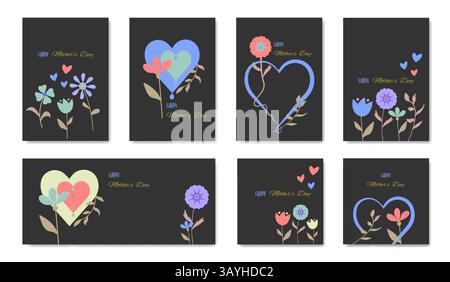 Set carte de Happy Mothers Day, design plat moderne avec des fleurs et des coeurs dans un style de couleurs pastel. Illustration vectorielle sur fond noir, espace de copie Illustration de Vecteur