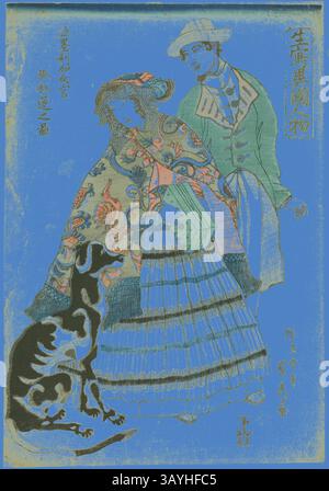 Un couple habillé à la mode se tient ensemble, la femme ornée d'un châle à motifs élaborés et d'une jupe superposée, tandis que l'homme respire un charme vintage. Un chien distinctif est assis attentivement à leurs pieds, ajoutant à la composition intrigante de la scène. Femme américaine jouant un accordéon (Amerika nyokan akodeon WO hiku no zu), de la série étrangers tirés de la vie (Ikiutsushi ikoku jinbutsu), 1860, Utagawa Sadahide, japonais, 1807-1873, Japon, imprimé bois couleur, art classique oban avec une touche moderne réinventée par Artotop Banque D'Images