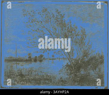 Un paysage serein avec un arbre en pente douce près d'un plan d'eau calme, avec des arbres lointains et un soupçon de voiles à l'horizon, encadré par un fond bleu vif. Touffe d'Alder, 1862, Charles François Daubigny, français, 1817-1878, France, cliché-verre sur papier photographique ivoire, 154 × 188 mm (image), 161 × 200 mm (feuille) Art classique avec une touche moderne réinventée par Artotop Banque D'Images