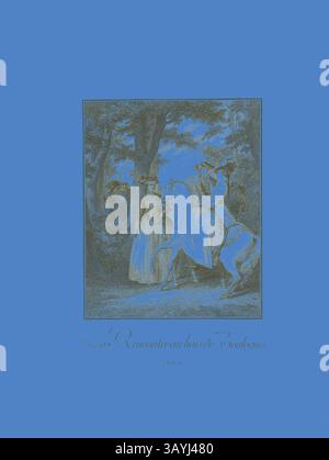 Une scène de plein air sereine avec des personnages élégamment habillés, y compris un homme à cheval et deux femmes, entourés d'arbres luxuriants. L'atmosphère dégage un sentiment d'élégance et de charme, sur fond bleu vif. Le titre ci-dessous fait allusion à un rassemblement ou une réunion formelle, invitant à intriguer leur interaction. Rencontre dans les bois de Boulogne, extrait du Monument du costume physique et moral de la fin du dix-huitième siècle, s.d., Heinrich Guttenberg (allemand, 1749-1818), d'après Jean Michel Moreau (français, 1741-1814), publié par Laurent-François Prault (français, 1712-1780), Allemagne Banque D'Images