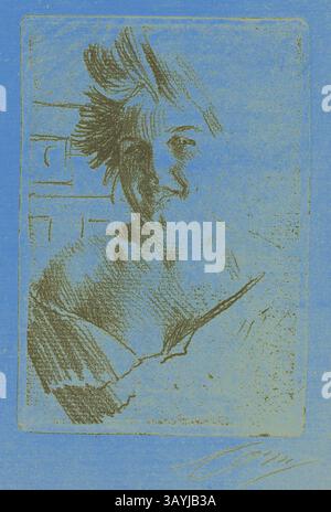 Portrait stylisé d'une femme avec une expression confiante, tenant un livre. L'arrière-plan présente des formes abstraites, améliorant le flair artistique de la composition. Rire Model I, 1898, Anders Zorn, Suédois, 1860-1920, Suède, gravure sur fond doux sur papier couché bleu clair, 128 x 88 mm (image/plaque), 330 x 210 mm (feuille) Art classique avec une touche moderne réinventé par Artotop Banque D'Images