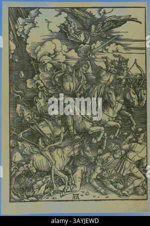 Une scène dramatique capture une bataille acharnée entre les guerriers montés et les forces chaotiques en contrebas. Une figure céleste regarde d'en haut, brandissant une épée et entourée de nuages tourbillonnants et de mouvements dynamiques. La composition met en valeur un mélange d'éléments mythologiques et historiques, mettant l'accent sur la tourmente du conflit et la lutte entre le bien et le mal. Les quatre cavaliers de l'Apocalypse, de l'Apocalypse, c. 1496-98, publié en 1511, Albrecht Dürer, allemand, 1471-1528, Allemagne, gravure sur bois en noir sur papier vert brun, 397 x 282 mm (image), 433 x 300 mm (feuille) Art classique avec une touche moderne Banque D'Images