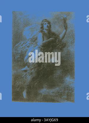 Un personnage éthéré avec des robes et des ailes qui coulent monte au milieu des nuages tourbillonnants, atteignant vers l'extérieur avec une main délicate. La scène transmet un sentiment de grâce et d'altérité, évoquant des thèmes d'espoir et de transcendance. Liberty, 1890, Henri Fantin-Latour, français, 1836-1904, France, lithographie en noir sur papier gris, 222 × 153 mm (image), 282 × 216 mm (feuille) Art classique avec une touche moderne réinventée par Artotop Banque D'Images