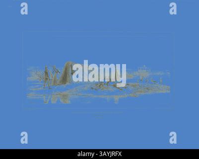 Un groupe de personnages engagés dans une scène de chasse par un plan d'eau, avec certains positionnés près d'une structure en arrière-plan. Le paysage présente un mélange d'éléments naturels, y compris l'eau et un rivage voisin, créant un sentiment d'activité et d'interaction avec l'environnement. Poste de garde des colonies militaires hongroises, Rive gauche du Danube, 7 juillet 1837, 1838, Denis Auguste Marie Raffet (1804-1860), imprimé par chez Gihaut Frères (19ème siècle), France, lithographie en noir sur grise posée sur papier de laine ivoire, 156 × 330 mm (image), 156 × 330 mm (support primaire Banque D'Images