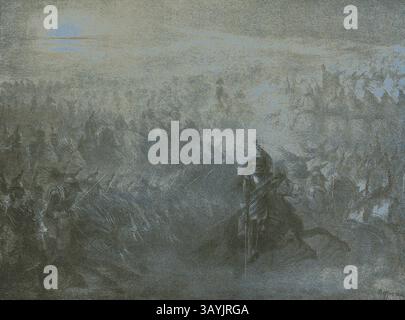 Une scène de bataille dramatique se déroule avec des cavaliers et des soldats prêts pour le conflit, enveloppés dans une atmosphère de tension et de mouvement, tandis que le soleil lutte pour percer un ciel nuageux. L’énergie chaotique de la confrontation est palpable, soulignant l’intensité et la signification historique du moment. The Nocturnal Review, 1837, Denis Auguste Marie Raffet (1804-1860), publié par chez M. Chabert (19ème siècle), poésie de Sedlitz (allemand), France, lithographie en noir sur grise posée sur papier tissé gris, 201 × 273 mm (image), 203 × 275 mm (support primaire Banque D'Images