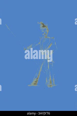 Une figure royale dans un uniforme militaire se tient confiante, tenant une épée. La tenue est agrémentée de détails complexes, évoquant un sentiment d'autorité et de vaillance sur fond bleu éclatant. Soldat avec lance, 1855, James McNeill Whistler, américain, 1834-1903, Etats-Unis, graphite sur papier tissé crème, 143 x 100 mm Art classique avec une touche moderne réinventée par Artotop Banque D'Images