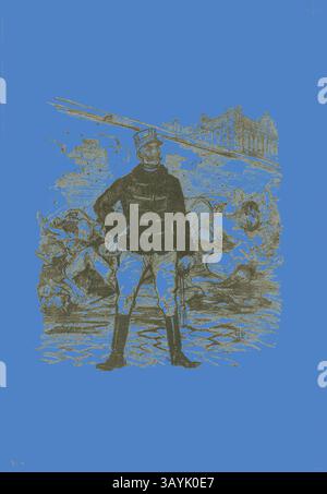 Une figure fière se tient confiante devant une scène chaotique, portant un uniforme militaire et tenant une matraque, alors que diverses figures s'engagent dans une lutte désordonnée derrière lui. La toile de fond présente un paysage urbain fragmenté, suggérant un cadre tumultueux rempli de mouvements dynamiques et de tensions. Dans toute sa gloire, juin 1894, Théophile-Alexandre Steinlen, Français, né en Suisse, 1859-1923, France, lithographie en noir sur papier tissé crème, 326 × 298 mm (image), 553 × 382 mm (feuille) Art classique avec une touche moderne réinventé par Artotop Banque D'Images