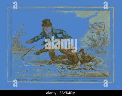 Une caricature d'un homme bien habillé dans un chapeau haut de gamme luttant pour maintenir son équilibre sur la glace tout en tendre la main à un personnage moins chanceux, qui est assis sur le sol. La scène est remplie d'humour et d'exagération, dépeignant un choc des classes sociales, avec un signe en arrière-plan soulignant l'urgence de la situation. The Elements of Skating : Making the Most of a Passing Friend, publié le 24 novembre 1805, James Gillray (anglais, 1756-1815), publié par Hannah Humphrey (anglais, c. 1745-1818), Angleterre, gravure colorée à la main, légèrement aquatinée sur papier, 250 × 354 mm (image), 256 × 360 Banque D'Images