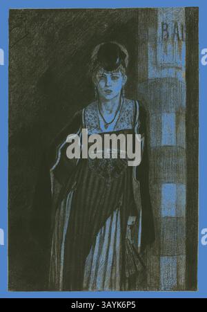 Une femme se tient élégamment dans une robe saisissante, son expression à la fois confiante et mystérieuse. Elle tient un petit éventail, et sa posture suggère un mélange de grâce et d'intrigue, tandis que l'arrière-plan fait allusion à un espace intérieur. The Absinthe Drinker, s.d., Félicien ROPS, belge, 1833-1898, Belgique, héliogravure sur papier tissé ivoire, 335 × 225 mm (image), 385 × 256 mm (plaque), 452 × 311 mm (feuille) Art classique avec une touche moderne réinventé par Artotop Banque D'Images