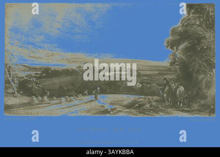 Un paysage tranquille au coucher du soleil, avec des collines ondulantes et un chemin sinueux. Au premier plan, un personnage marche le long du chemin, accompagné de chevaux. Des arbres luxuriants encadrent la scène, améliorant l'atmosphère paisible d'une soirée d'automne sereine. Autumnal Sun Set, 1831, David Lucas (anglais, 1802-1881), d'après John Constable (anglais, 1776-1837), Angleterre, Mezzotint sur papier, 130 × 241 mm (image), 175 × 251 mm (planche), 294 × 440 mm (feuille) Art classique avec une touche moderne réinventé par Artotop Banque D'Images