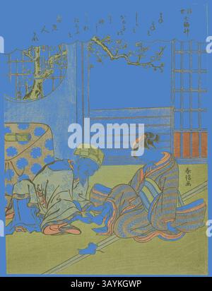 Une scène sereine représentant un homme âgé et une jeune femme interagissant tendrement, dans un intérieur japonais traditionnel. L'homme semble être engagé dans une conversation réfléchie, tandis que la femme est assise à côté de lui, vêtue d'un élégant kimono. Les détails subtils de la nature sont évoqués à travers la toile de fond, ajoutant une touche de tranquillité à l'instant. Jurojin, de la série les sept dieux de la bonne chance dans le monde flottant (Ukiyo Shichi Fukujin), c. 1769, Suzuki Harunobu 鈴木 春信, japonais, 1725 ( ?)-1770, Japon, impression couleur sur bois, chuban, 11 × 8 po. Art classique avec une touche moderne réinventé par Banque D'Images