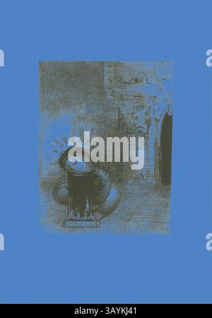 Une figure se penche sur un piédestal, enveloppée d'une lueur éthérée, entourée d'éléments architecturaux complexes et d'un jeu dramatique de lumière et d'ombre. La scène évoque un sentiment de vénération et de contemplation. Une longue Chrysalis, la couleur du sang, planche 2 de 6, 1889, Odilon Redon, français, 1840-1916, France, lithographie en noir sur papier porcelaine ivoire posé sur papier tissé ivoire, 260 × 195 mm (image/chine), 447 × 314 mm (feuille) Art classique avec une touche moderne réinventée par Artotop Banque D'Images