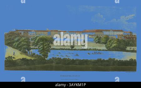 Une vue panoramique sur un paysage historique avec une grande masse d'eau entourée de verdure luxuriante et de bâtiments élégants. La scène capture une atmosphère sereine avec des gens se promenant le long des rives et des bateaux flottant doucement sur l'eau, mettant en valeur un mélange de nature et d'architecture d'une époque révolue. Casernes, Dublin, publié juillet 1795, James Malton, anglais, 1761-1803, Angleterre, aquatinte colorée à la main en noir sur papier tissé ivoire, 191 × 382 mm (image), 257 × 435 mm (planche), 420 × 550 mm (feuille) Art classique avec une touche moderne réinventé par Artotop Banque D'Images