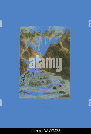 Un paysage à couper le souffle présente des cascades coulant le long de falaises accidentées, entourées de verdure luxuriante et de formations rocheuses spectaculaires. Les couleurs vives de l'eau contrastent magnifiquement avec le ciel serein au-dessus, créant une scène tranquille mais puissante. Cascade de Terni, planche quatorze des ruines de Rome, publié le 28 mars 1798, M. Dubourg, (anglais, active 1786-1838), édité par J. Merigot (Italien, inconnu), Angleterre, aquatinte colorée à la main sur papier, 448 × 330 mm (feuille) Art classique avec une touche moderne réinventée par Artotop Banque D'Images