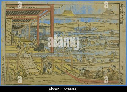 Une scène animée au bord de la rivière avec des personnages engagés dans diverses activités, y compris la conversation et la pêche tranquillement, avec des structures en bois traditionnelles et des bateaux en arrière-plan. Les paysages luxuriants et les collines lointaines créent une atmosphère vibrante, reflétant les aspects culturels d'une époque révolue. Cueillette de mollusques à basse marée à Shinagawa (Shinagawa shiohigari no zu), années 1740, Furuyama Moromasa, japonais, c. 1712-1772, Japon, imprimé bois coloré à la main, oban, beni-e, 31,1 x 46,1 cm Art classique avec une touche moderne réinventée par Artotop Banque D'Images