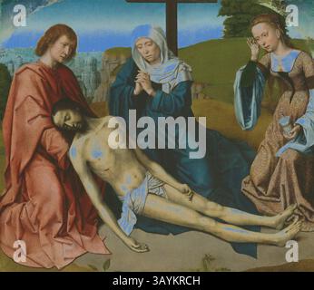Une scène poignante représente le deuil du Christ après la crucifixion, entouré par la Vierge Marie, Jean et une femme en deuil. Leurs expressions véhiculent une profonde tristesse et réflexion, capturant le poids émotionnel profond du moment. La toile de fond présente un paysage serein, renforçant la solennité de la rencontre. Lamentation sur le corps du Christ, c. 1500, Gerard David, Netherlandish, c. 1460-1523, pays-Bas, huile sur panneau, 55,1 × 62,8 cm (21 1/2 × 24 1/2 in.) Art classique avec une touche moderne réinventé par Artotop Banque D'Images