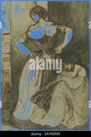 Deux femmes élégamment habillées sont représentées, l'une debout avec confiance avec les mains sur ses hanches, tandis que l'autre est assise tranquillement à côté d'elle. La figure debout présente une robe élégante avec un corsage ajusté et une jupe volumineuse, tandis que la femme assise semble contemplative, sa robe coulant autour d'elle. L'arrière-plan suggère un espace avec des éléments architecturaux, ajoutant de la profondeur à la scène. Deux femmes, c. 1840, Constantin Guys, français, 1802-1892, France, stylo et encre brune avec pinceau et aquarelle sur traces de graphite, sur papier tissé ivoire, 323 × 223 mm Art classique avec une touche moderne réinventée par Banque D'Images