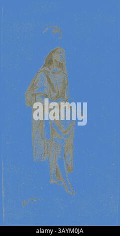 Une figure drapée dans un vêtement fluide se tient avec une expression sereine, une main levée comme si dans une conversation. Un halo brille au-dessus de leur tête, suggérant un sentiment de divinité ou d'illumination, sur fond bleu vif. La composition globale évoque un sentiment de tranquillité et de réflexion. Saint Jean-Baptiste, avec croquis de tête, s.d., Odilon Redon (français, 1840-1916), d'après Raffaello Sanzio, baptisé Raphael (italien, 1483-1520), Italie, graphite sur papier tissé tan, 159 x 83 mm Art classique avec une touche moderne réinventée par Artotop Banque D'Images